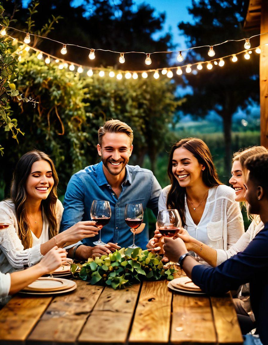 A cozy gathering featuring a diverse group of friends laughing and enjoying wine tasting outdoors, surrounded by lush vineyards and twinkling fairy lights. There are elegantly arranged wine glasses on a rustic wooden table, with a sunset casting warm golden hues over the scene, highlighting their joyful expressions and sense of fellowship. super-realistic. warm colors. outdoor setting.