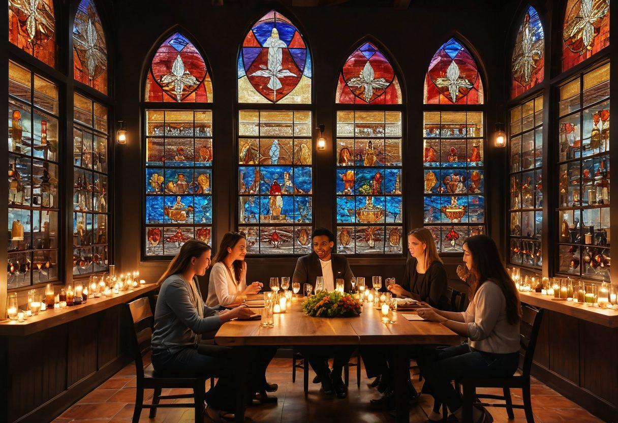 A cozy setting in a Los Angeles wine tasting room, featuring a diverse group of people engaged in wine tasting, surrounded by elegant stained glass windows reflecting vibrant hues. Include a soft glow of candles and a rustic wooden table filled with various wine glasses and bottles. The backdrop should hint at the local Catholic community with subtle religious symbols. Warm, inviting atmosphere. super-realistic. vibrant colors. 3D.
