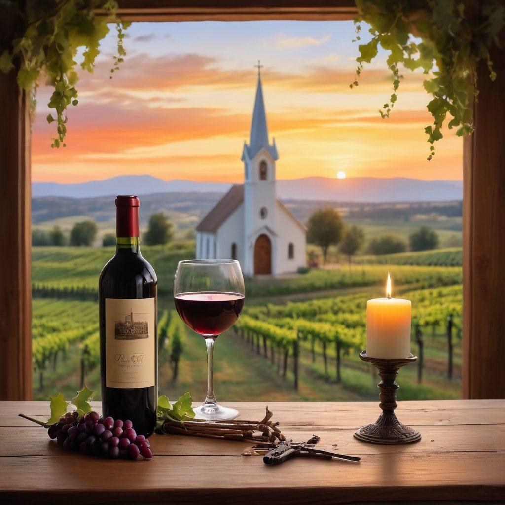 A serene vineyard at sunset with rolling hills of grapevines, symbolizing the journey from grape to wine. In the foreground, an elegant glass of red wine sits on a rustic wooden table, surrounded by sacred Catholic symbols like a rosary and a small altar. Candlelight softly illuminates the scene, reflecting the grace of tradition. A backdrop of a historic church steeple is visible, blending faith and agriculture harmoniously. watercolor painting. warm tones. soft focus.